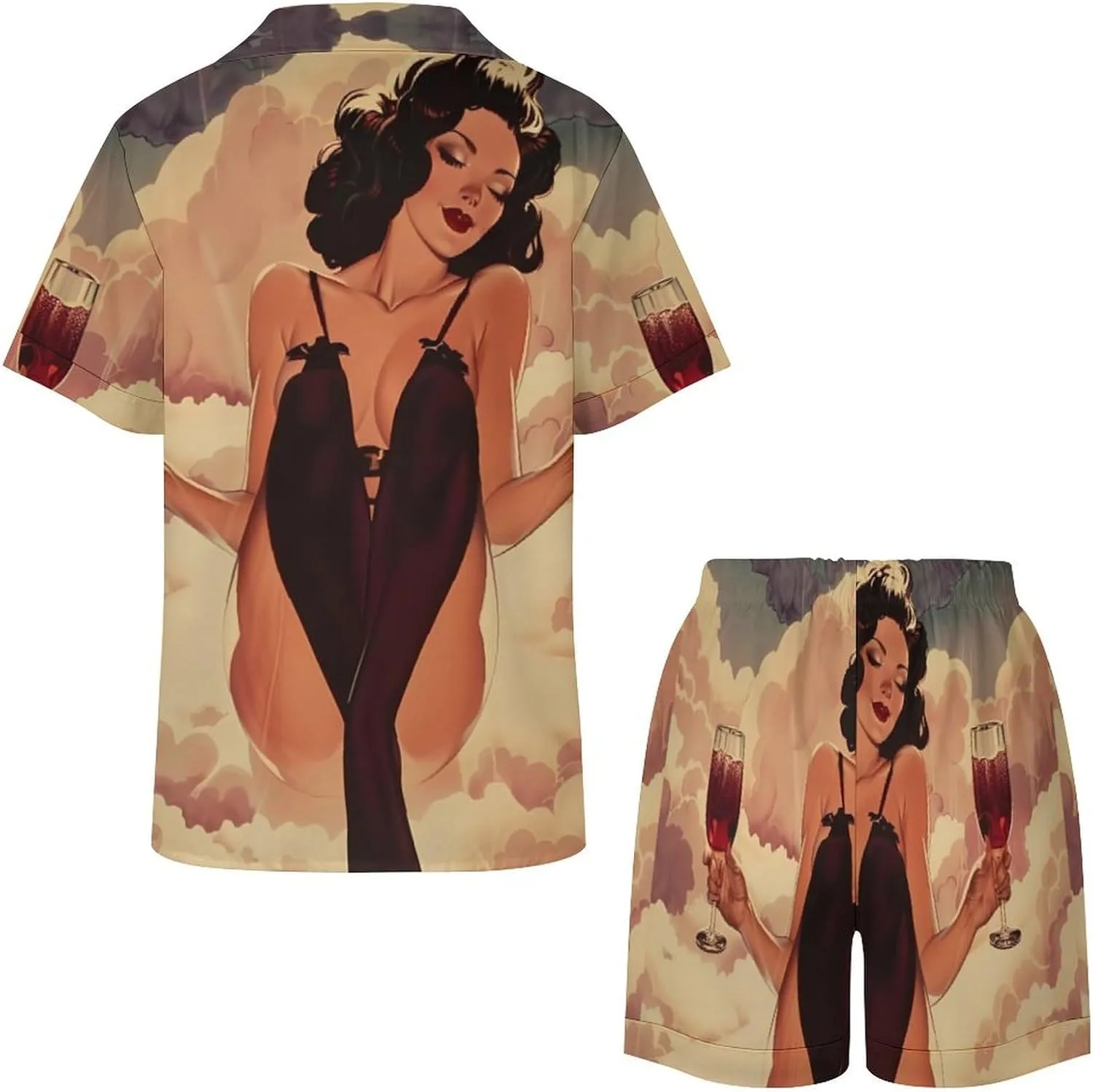 Pin Up Girl Alcohol Cheers Women's Satin Pajama Set Short Sleeve Button Down Sleepwear Loungewear Pj Set