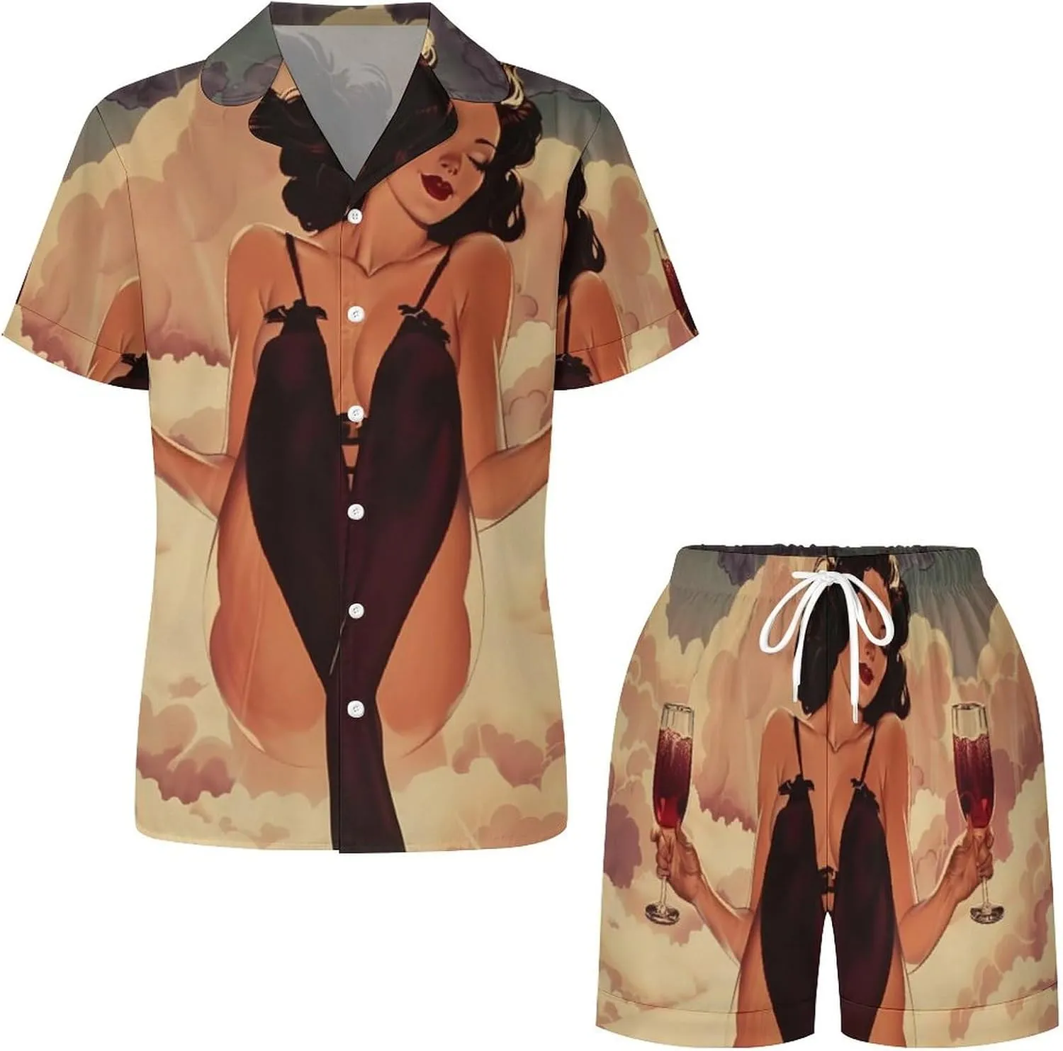Pin Up Girl Alcohol Cheers Women's Satin Pajama Set Short Sleeve Button Down Sleepwear Loungewear Pj Set