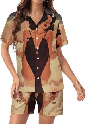 Pin Up Girl Alcohol Cheers Women's Satin Pajama Set Short Sleeve Button Down Sleepwear Loungewear Pj Set