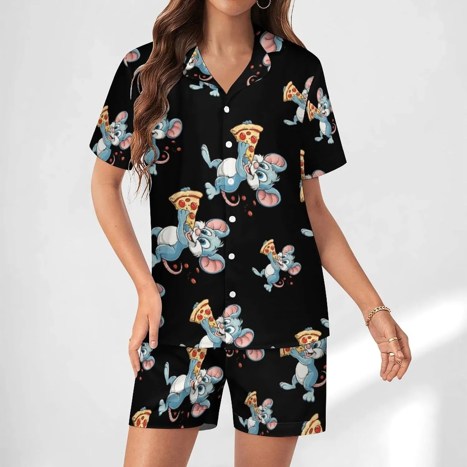 Pizza Rat Women's Satin Pajama Set Short Sleeve Button Down Sleepwear Loungewear Pj Set