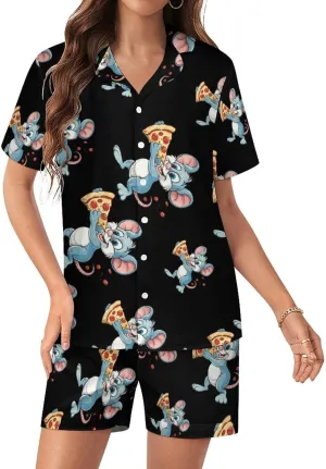 Pizza Rat Women's Satin Pajama Set Short Sleeve Button Down Sleepwear Loungewear Pj Set