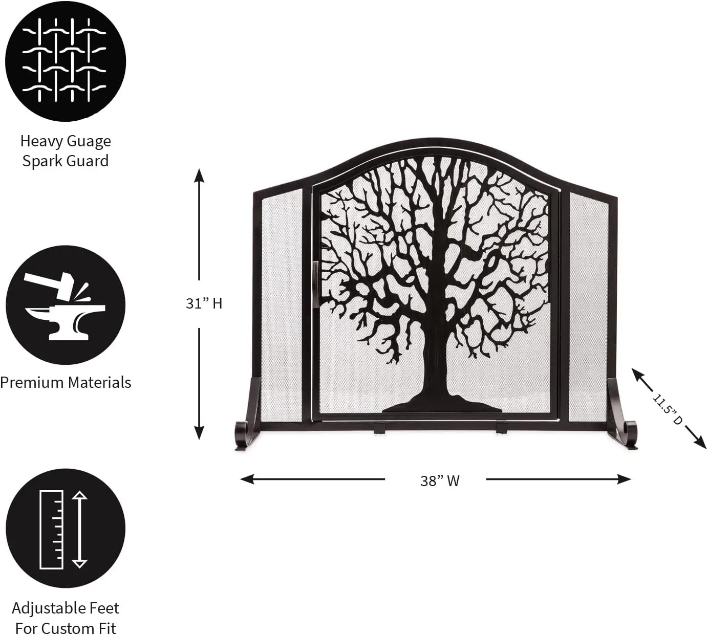 Plow & Hearth Metal Fireplace Screen Tree of Life Black | 38" W x 31" H | Flatguard | Spark Guard Grate | Iron Fire Place Cover | Wood Stove Accessories