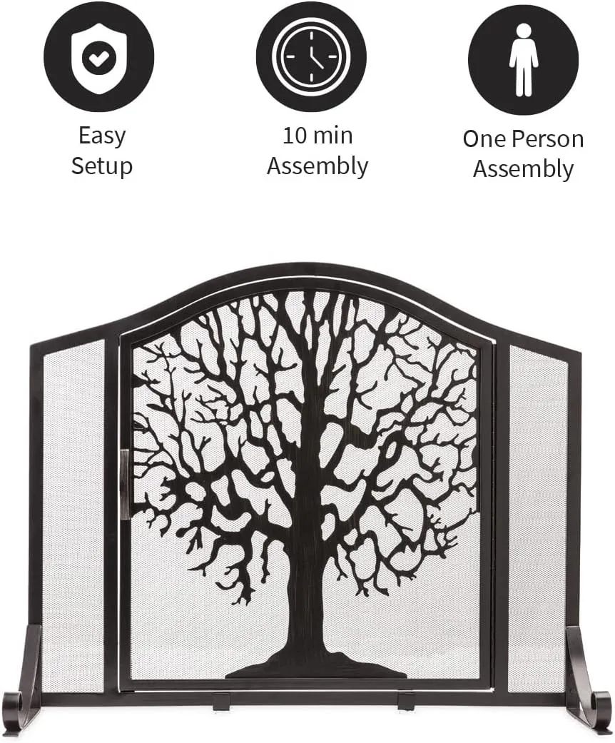 Plow & Hearth Metal Fireplace Screen Tree of Life Black | 38" W x 31" H | Flatguard | Spark Guard Grate | Iron Fire Place Cover | Wood Stove Accessories