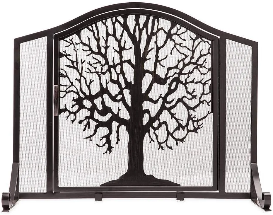 Plow & Hearth Metal Fireplace Screen Tree of Life Black | 38" W x 31" H | Flatguard | Spark Guard Grate | Iron Fire Place Cover | Wood Stove Accessories