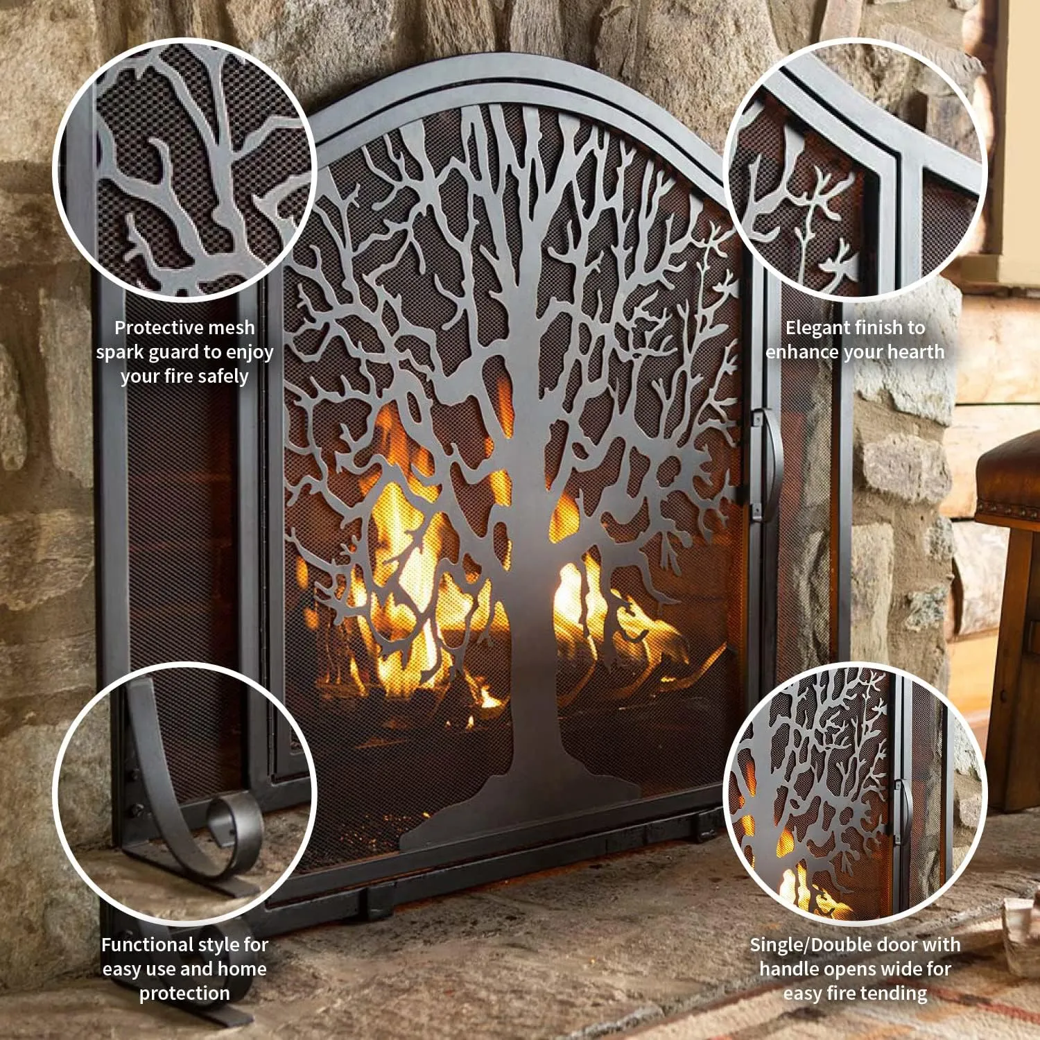 Plow & Hearth Metal Fireplace Screen Tree of Life Black | 38" W x 31" H | Flatguard | Spark Guard Grate | Iron Fire Place Cover | Wood Stove Accessories
