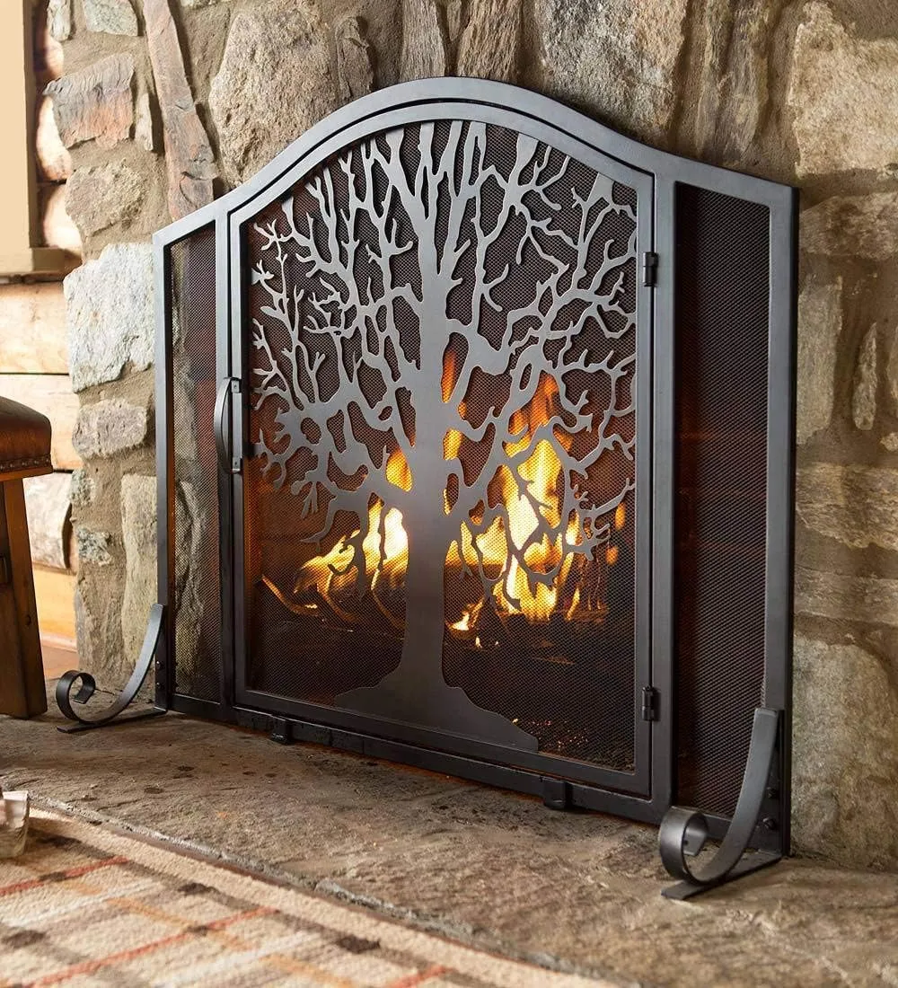 Plow & Hearth Metal Fireplace Screen Tree of Life Black | 38" W x 31" H | Flatguard | Spark Guard Grate | Iron Fire Place Cover | Wood Stove Accessories
