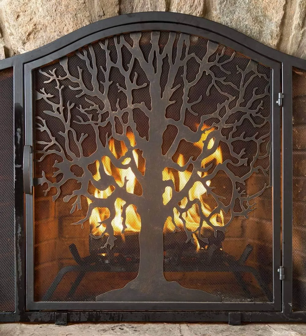 Plow & Hearth Metal Fireplace Screen Tree of Life Black | 38" W x 31" H | Flatguard | Spark Guard Grate | Iron Fire Place Cover | Wood Stove Accessories