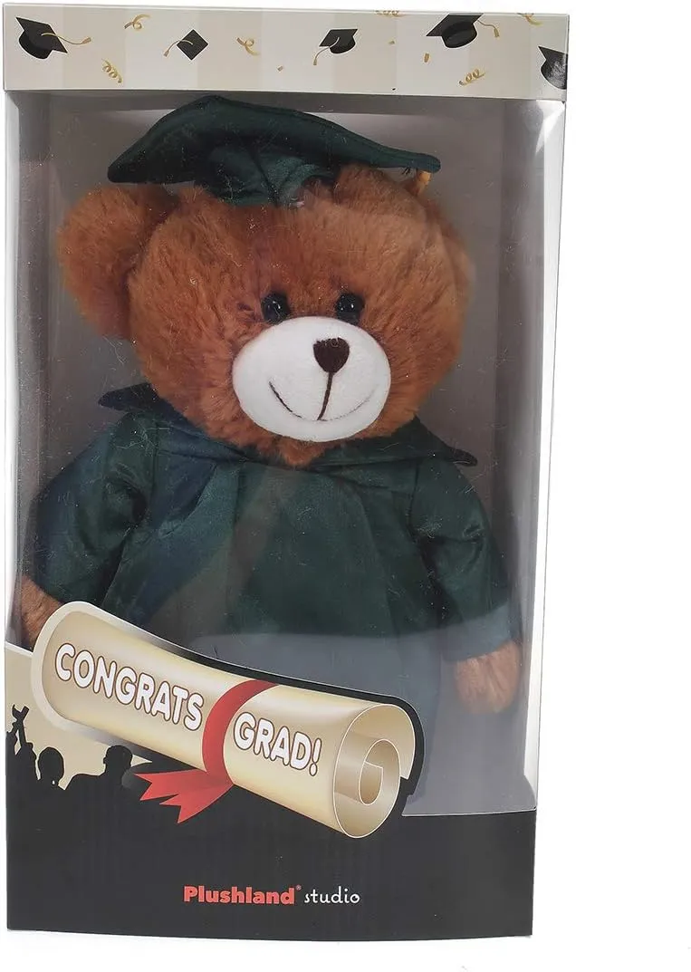 Plushland Brown Bear Plush Stuffed Animal Toys Present Gifts for Graduation Day, Personalized Text, Name or Your School Logo on Gown, Best for Any Grad School Kids 12 Inches(Forest Green Cap and Gown)