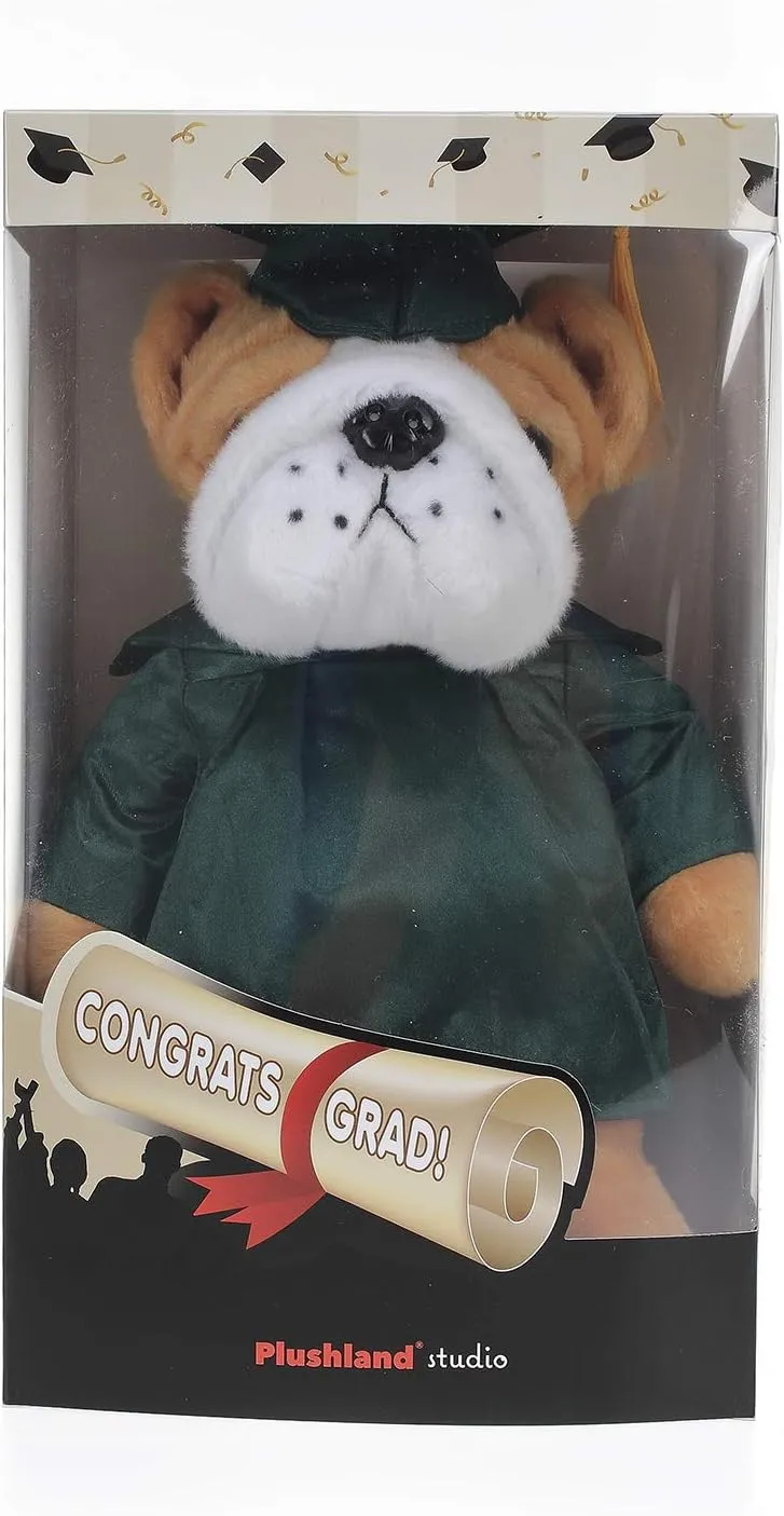 Plushland Bulldog Plush Stuffed Animal Toys Present Gifts for Graduation Day, Personalized Text, Name or Your School Logo on Gown, Best for Any Grad School Kids 12 Inches(Royal Cap and Gown)