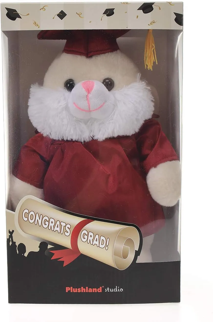 Plushland Bunny Plush Stuffed Animal Toys Present Gifts for Graduation Day, Personalized Text, Name or Your School Logo on Gown, Best for Any Grad School Kids 12 Inches(Black Cap and Gown)