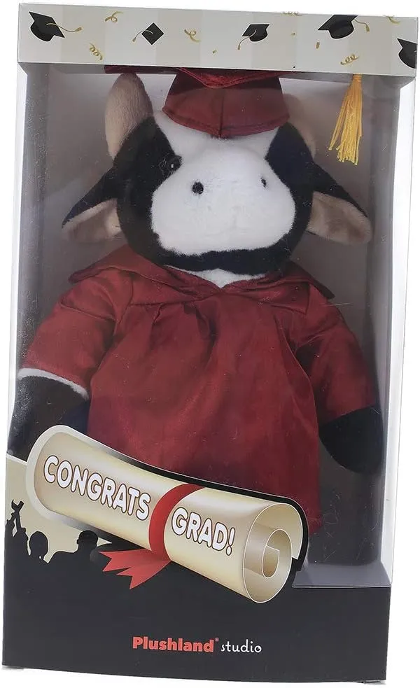 Plushland Cow Plush Stuffed Animal Toys Present Gifts for Graduation Day, Personalized Text, Name or Your School Logo on Gown, Best for Any Grad School Kids 12 Inch (Red Cap and Gown)