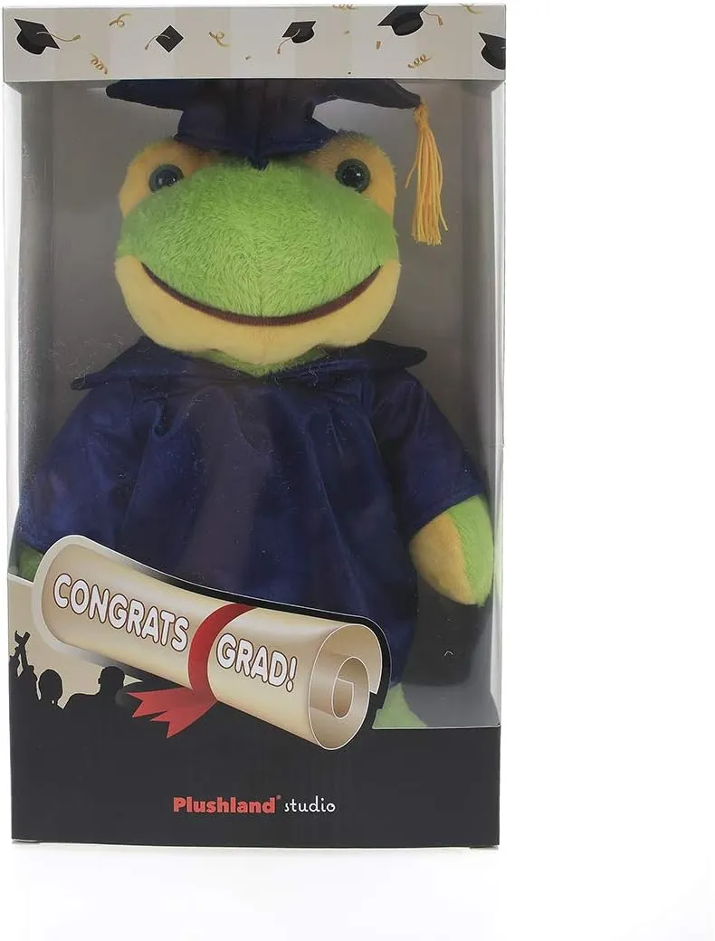 Plushland Frog Plush Stuffed Animal Toys Present Gifts for Graduation Day, Personalized Text, Name or Your School Logo on Gown, Best for Any Grad School Kids 12 Inches(Powder Blue Cap and Gown)