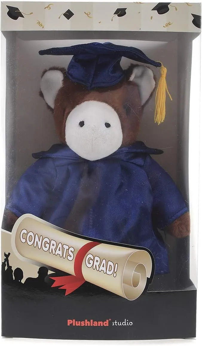 Plushland Horse Plush Stuffed Animal Toys Present Gifts for Graduation Day, Personalized Text, Name or Your School Logo on Gown, Best for Any Grad School Kids 12 Inches(Red Cap and Gown)