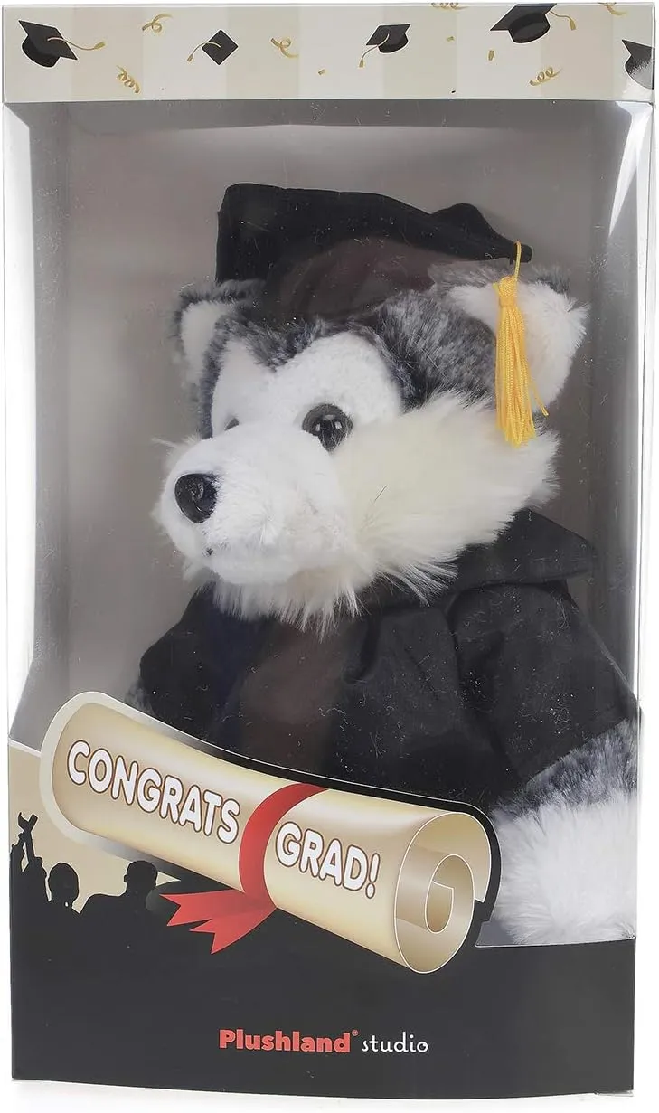 Plushland Husky Plush Stuffed Animal Toys Present Gifts for Graduation Day, Personalized Text, Name or Your School Logo on Gown, Best for Any Grad School Kids 12 Inches(Red Cap and Gown)