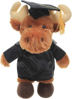 Plushland Moose Plush Stuffed Animal Toys Present Gifts for Graduation Day, Personalized Text, Name or Your School Logo on Gown, Best for Any Grad School Kids 12 Inches(Black Cap and Gown)