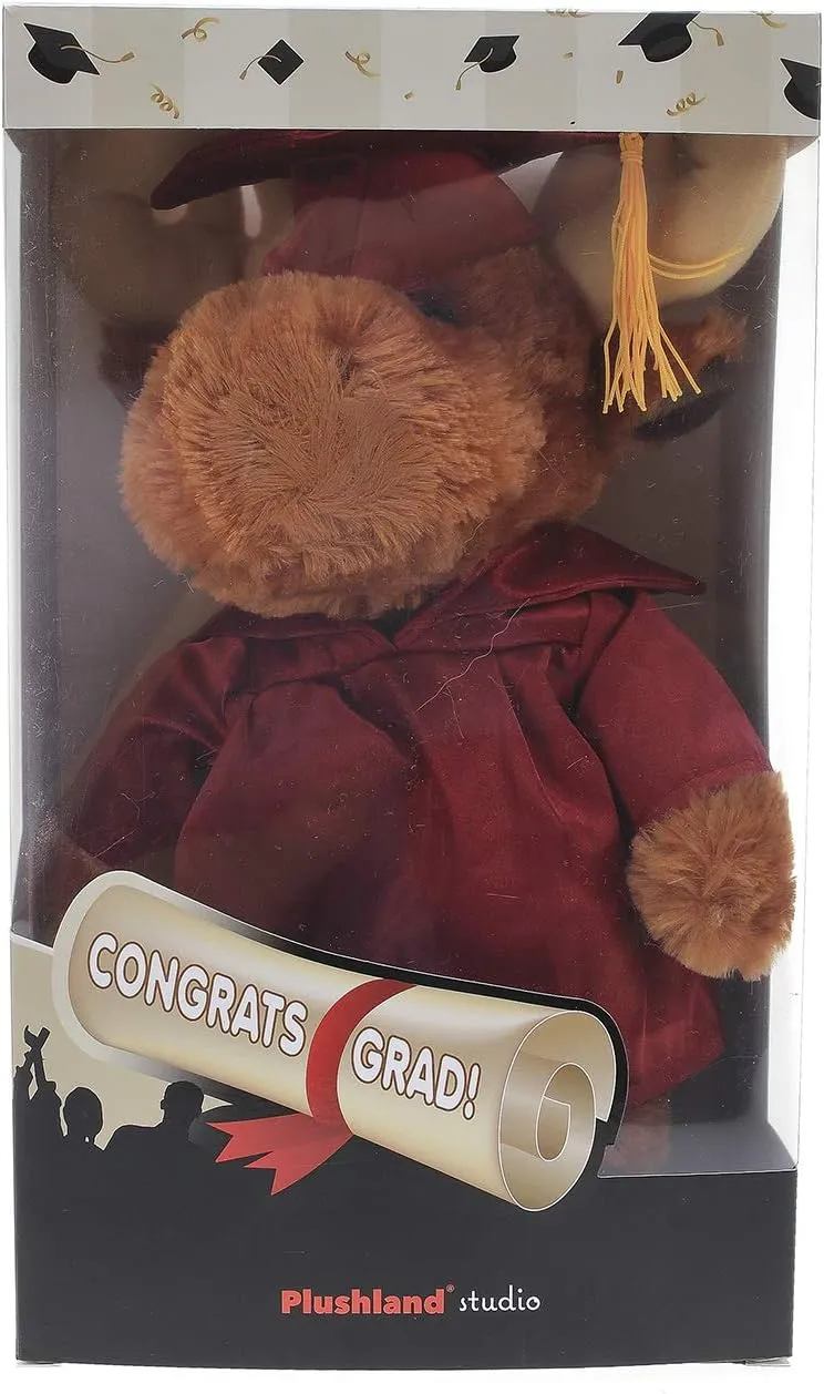 Plushland Moose Plush Stuffed Animal Toys Present Gifts for Graduation Day, Personalized Text, Name or Your School Logo on Gown, Best for Any Grad School Kids 12 Inches(Black Cap and Gown)