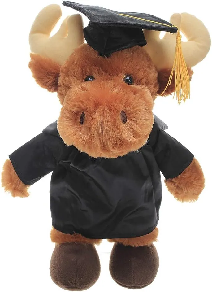 Plushland Moose Plush Stuffed Animal Toys Present Gifts for Graduation Day, Personalized Text, Name or Your School Logo on Gown, Best for Any Grad School Kids 12 Inches(Black Cap and Gown)