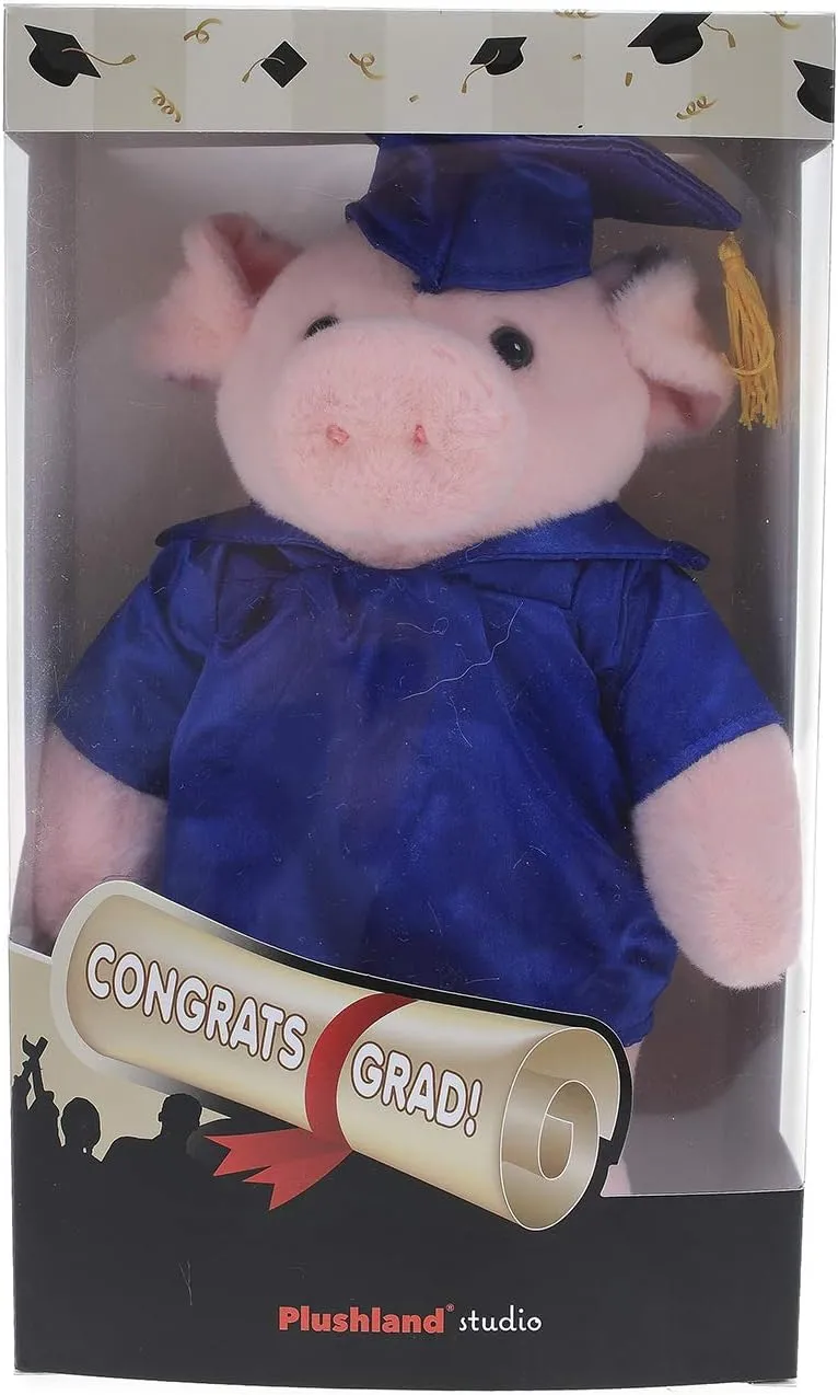 Plushland Pig Plush Stuffed Animal Toys Present Gifts for Graduation Day, Personalized Text, Name or Your School Logo on Gown, Best for Any Grad School Kids 12 Inches(Black Cap and Gown)