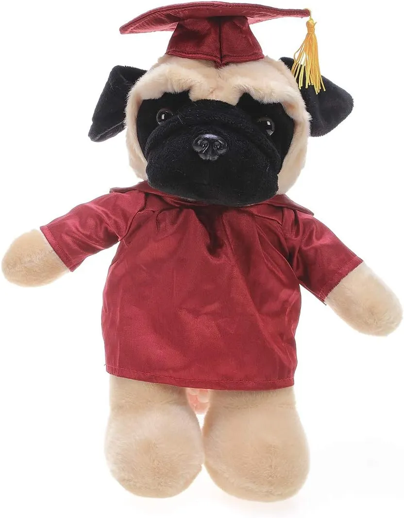 Plushland Pug Plush Stuffed Animal Toys Present Gifts for Graduation Day, Personalized Text, Name or Your School Logo on Gown, Best for Any Grad School Kids 12 Inches(Maroon Cap and Gown)