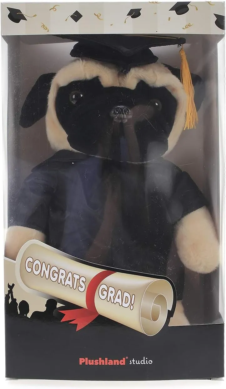 Plushland Pug Plush Stuffed Animal Toys Present Gifts for Graduation Day, Personalized Text, Name or Your School Logo on Gown, Best for Any Grad School Kids 12 Inches(Maroon Cap and Gown)