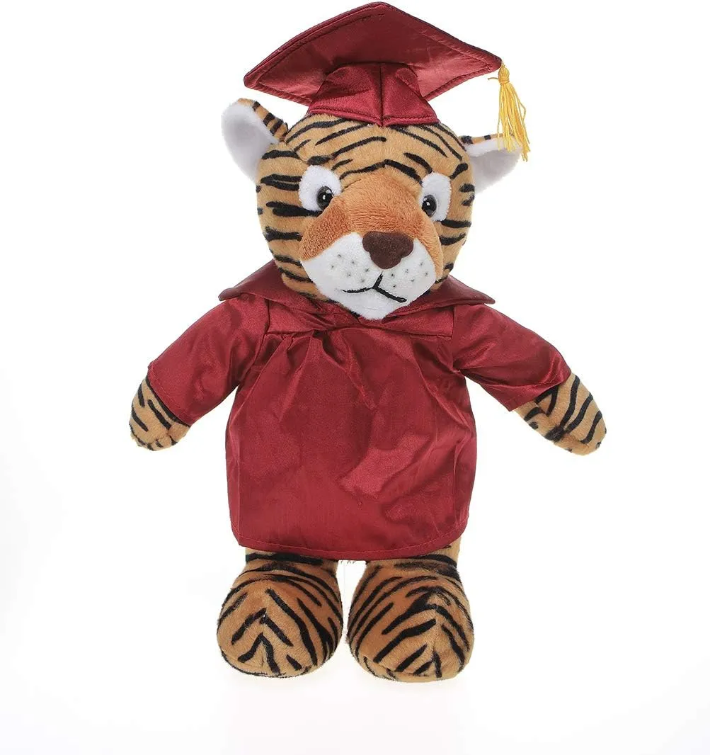 Plushland Tiger Plush Stuffed Animal Toys Present Gifts for Graduation Day, Personalized Text, Name or Your School Logo on Gown, Best for Any Grad School Kids 12 Inches(Maroon Cap and Gown)