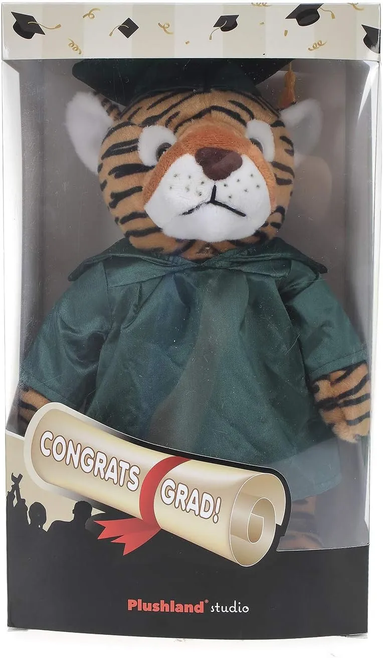 Plushland Tiger Plush Stuffed Animal Toys Present Gifts for Graduation Day, Personalized Text, Name or Your School Logo on Gown, Best for Any Grad School Kids 12 Inches(Maroon Cap and Gown)