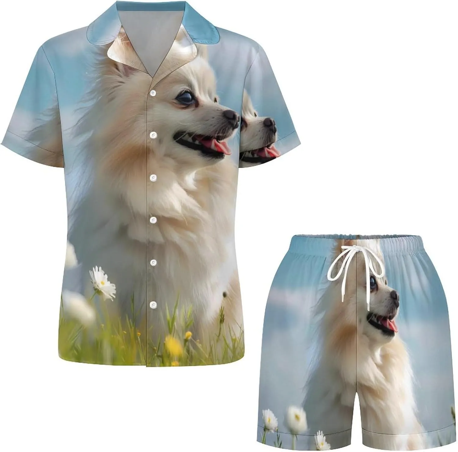 Pomeranian Women's Satin Pajama Set Short Sleeve Button Down Sleepwear Loungewear Pj Set