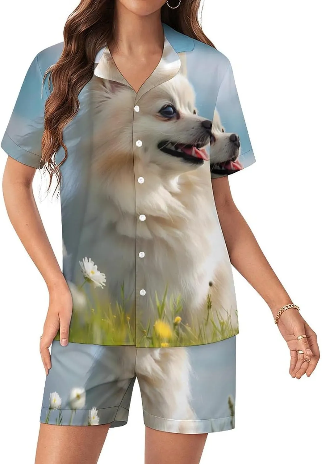 Pomeranian Women's Satin Pajama Set Short Sleeve Button Down Sleepwear Loungewear Pj Set