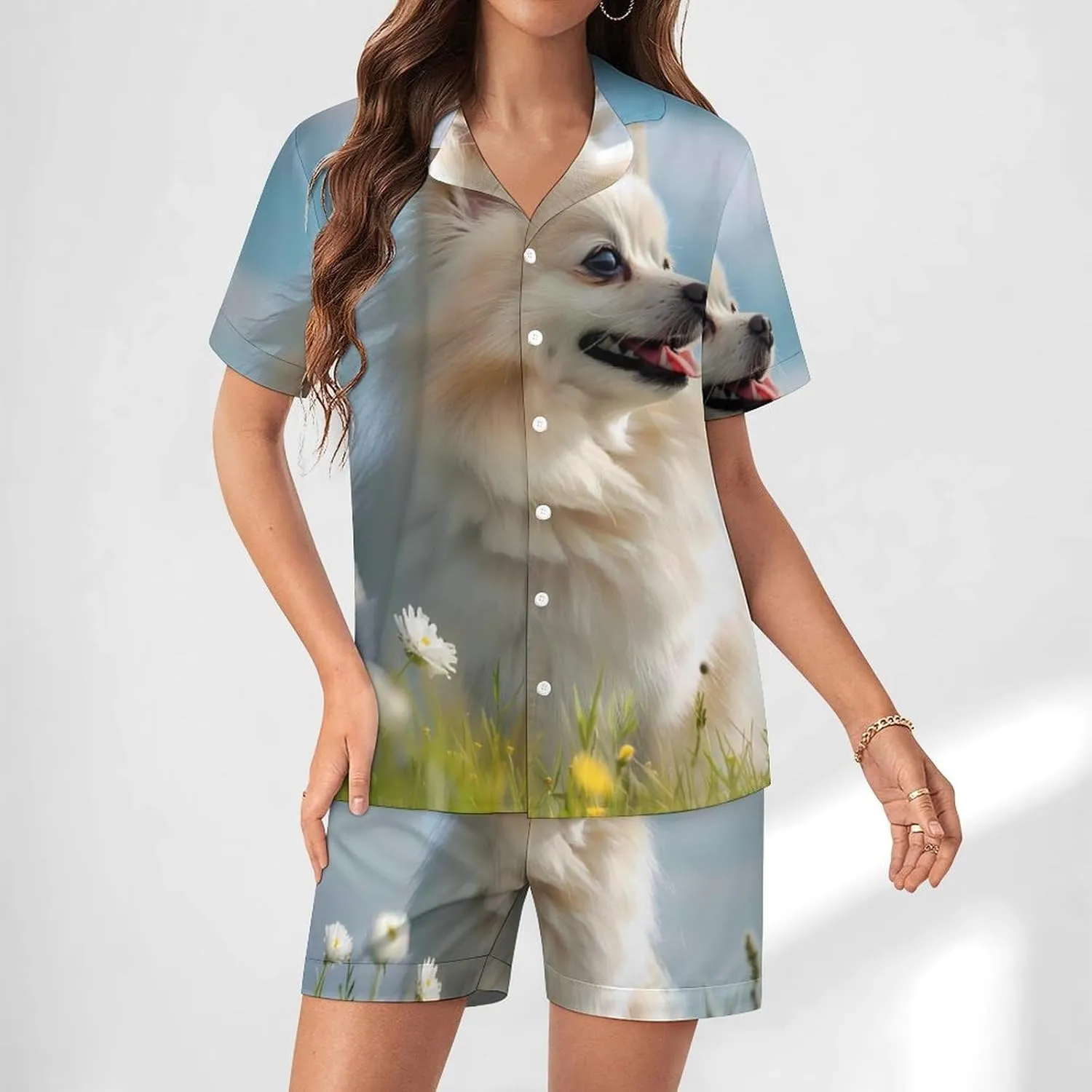 Pomeranian Women's Satin Pajama Set Short Sleeve Button Down Sleepwear Loungewear Pj Set