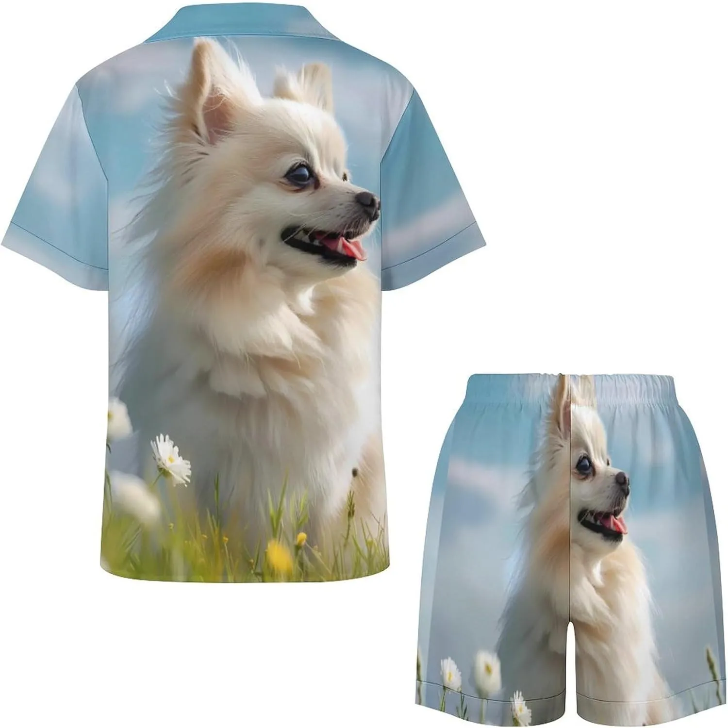 Pomeranian Women's Satin Pajama Set Short Sleeve Button Down Sleepwear Loungewear Pj Set
