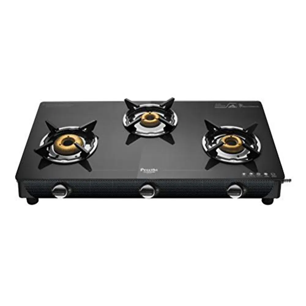 Preethi Valentino Glass Top 3 Burner Gas Stove, Manual Ignition