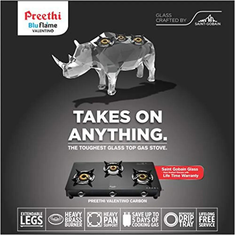 Preethi Valentino Glass Top 3 Burner Gas Stove, Manual Ignition