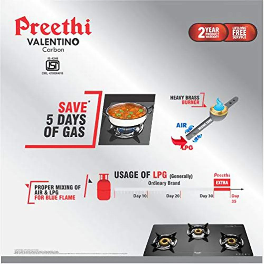 Preethi Valentino Glass Top 3 Burner Gas Stove, Manual Ignition