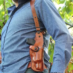 Premium Leather Vertical Shoulder Holster System with Double Speed Loader for, Rugerr GP100 .44 Special 5RD 4.2" Barrel, Right Hand Draw, Brown Color #1667#