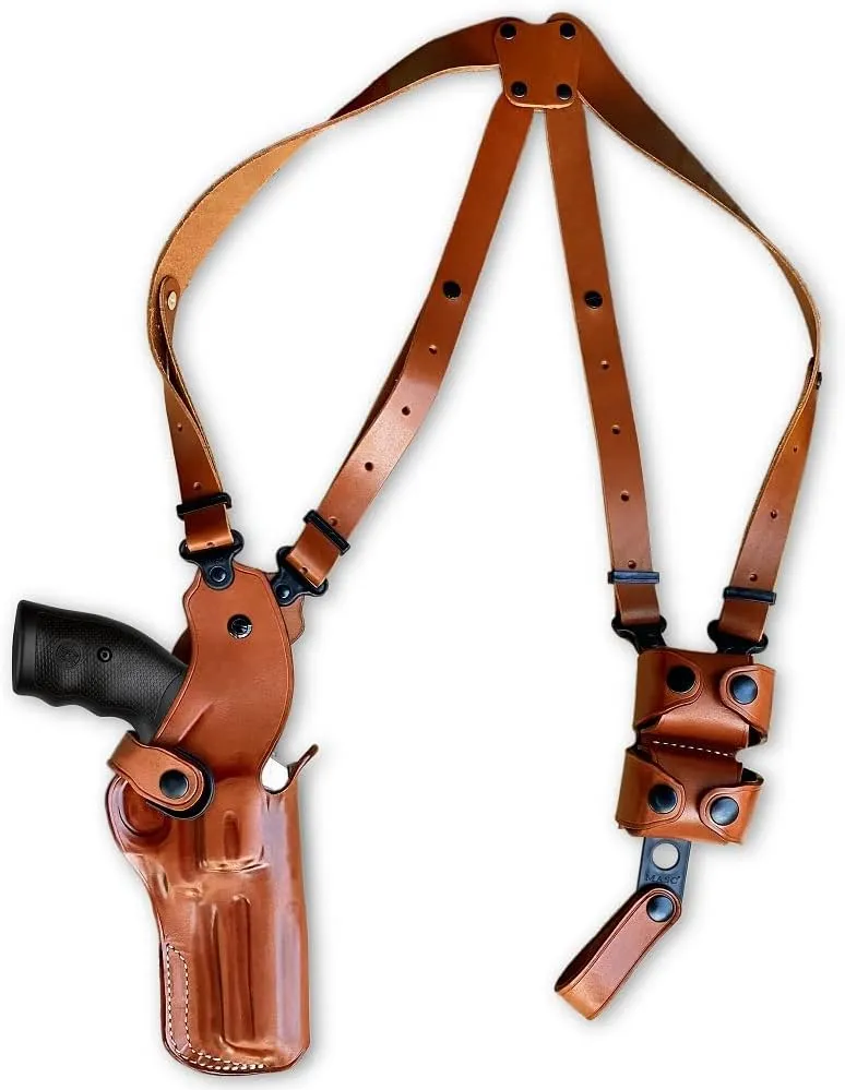 Premium Leather Vertical Shoulder Holster System with Double Speed Loader Pouch, Fits S&W Model 686 Plus 357 Magnum 7-Shot 4" Barrel, Right Hand Draw Brown Color #1509#