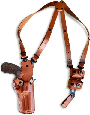 Premium Leather Vertical Shoulder Holster System with Double Speed Loader, Smith Wesson Model 15 38 Special 4" BBL, R/H Draw, Brown Color #1332#
