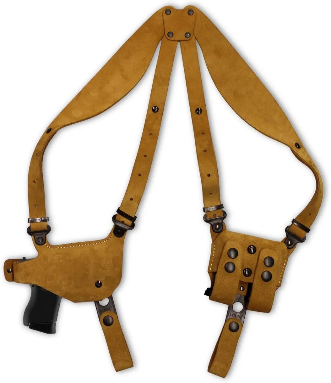 Premium Suede Leather Shoulder Holster System with Double Magazine Carrier Fits Bersa Thunder 380 ACP 3.5" Barrel, Right-Hand Draw, Brown Color #1006#