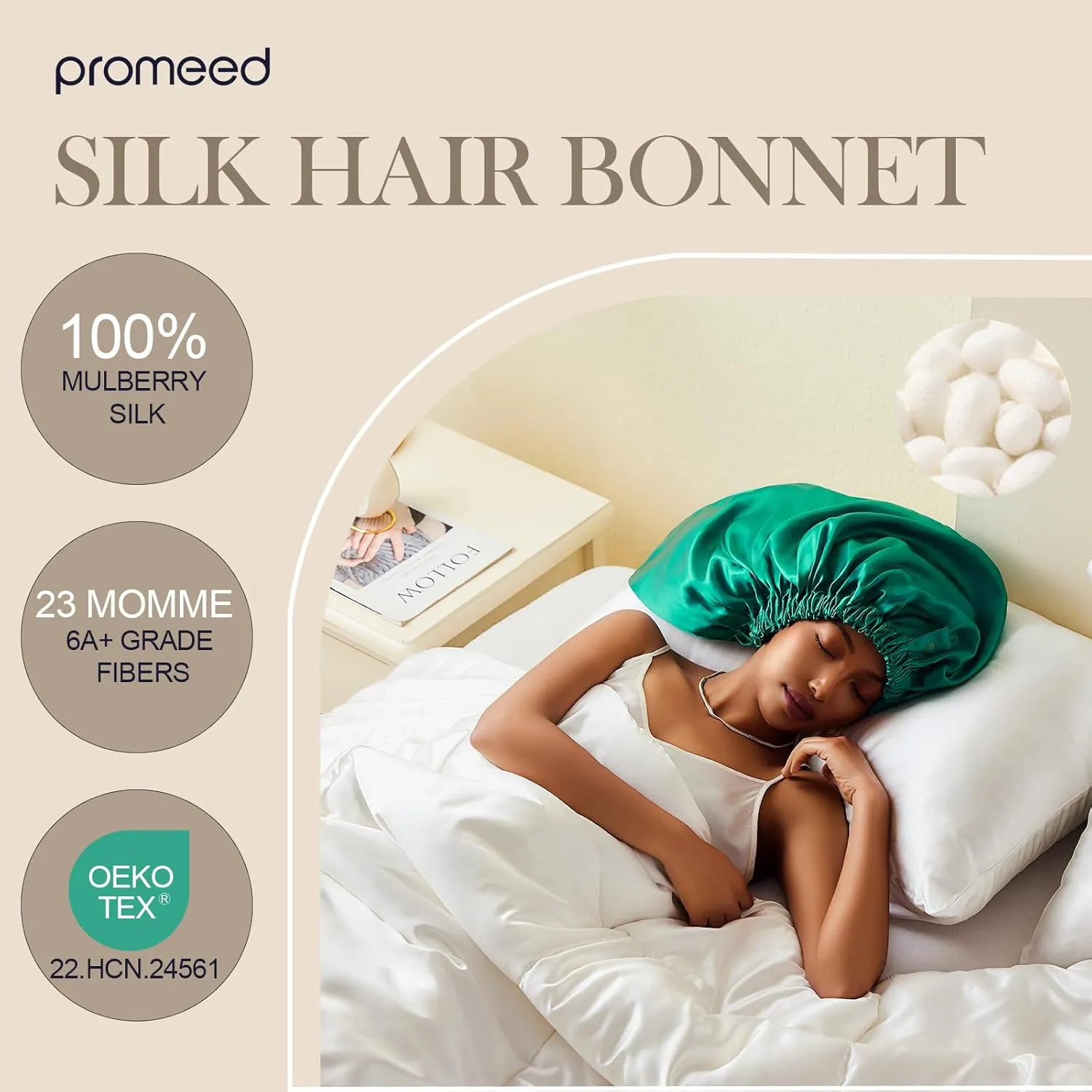 PROMEED 100% Mulberry Silk Bonnet for Long Hair, Hyaluronic Acid Infused Silk Sleep Cap for Long Braids and Locs