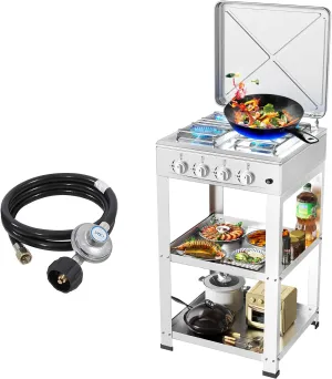 Propane Gas Stove-300000BTU Portable Gas Stove with Support Leg Stand and Wind Blocking Cover Adapter Auto Ignition Camping Stove 4 Burner LPG for RV, Apartment, Outdoor Cooking