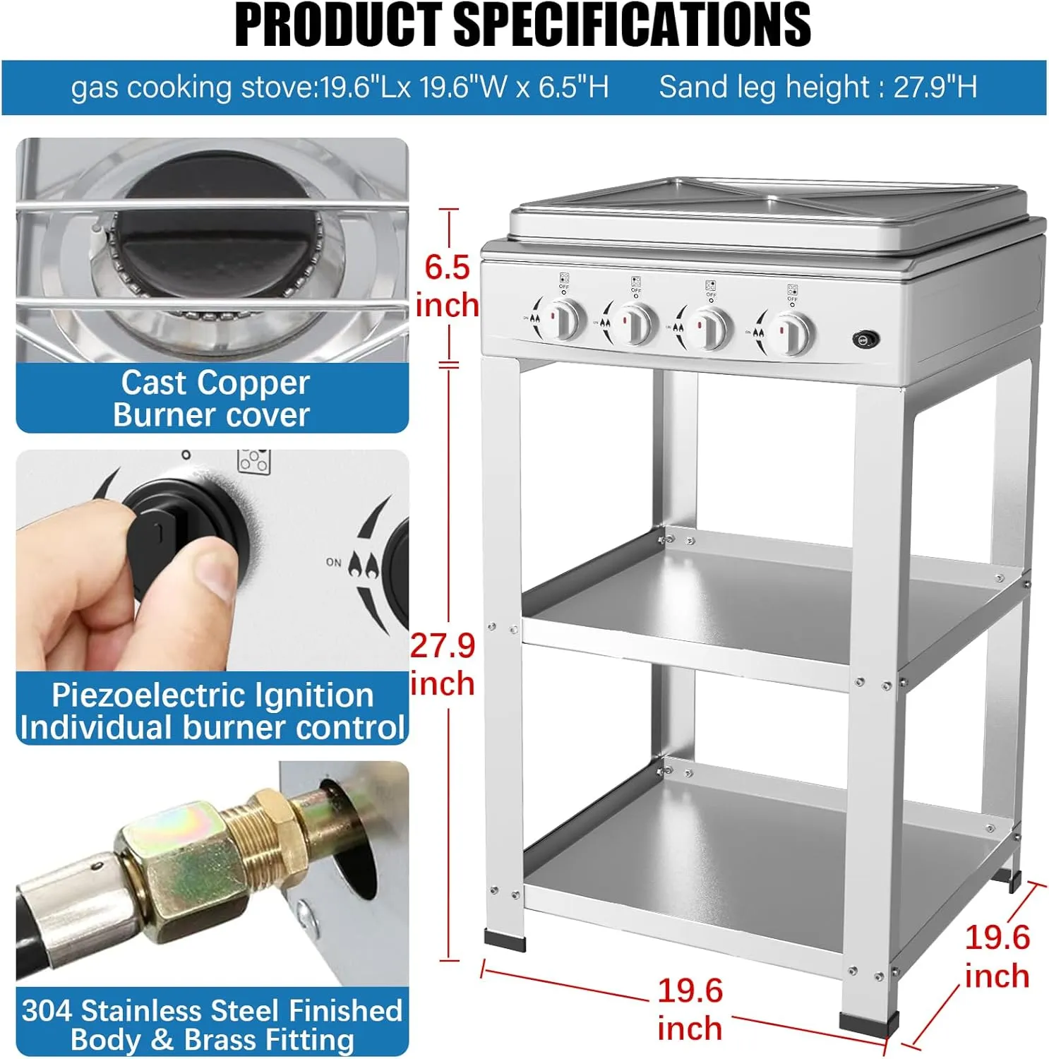 Propane Gas Stove-300000BTU Portable Gas Stove with Support Leg Stand and Wind Blocking Cover Adapter Auto Ignition Camping Stove 4 Burner LPG for RV, Apartment, Outdoor Cooking
