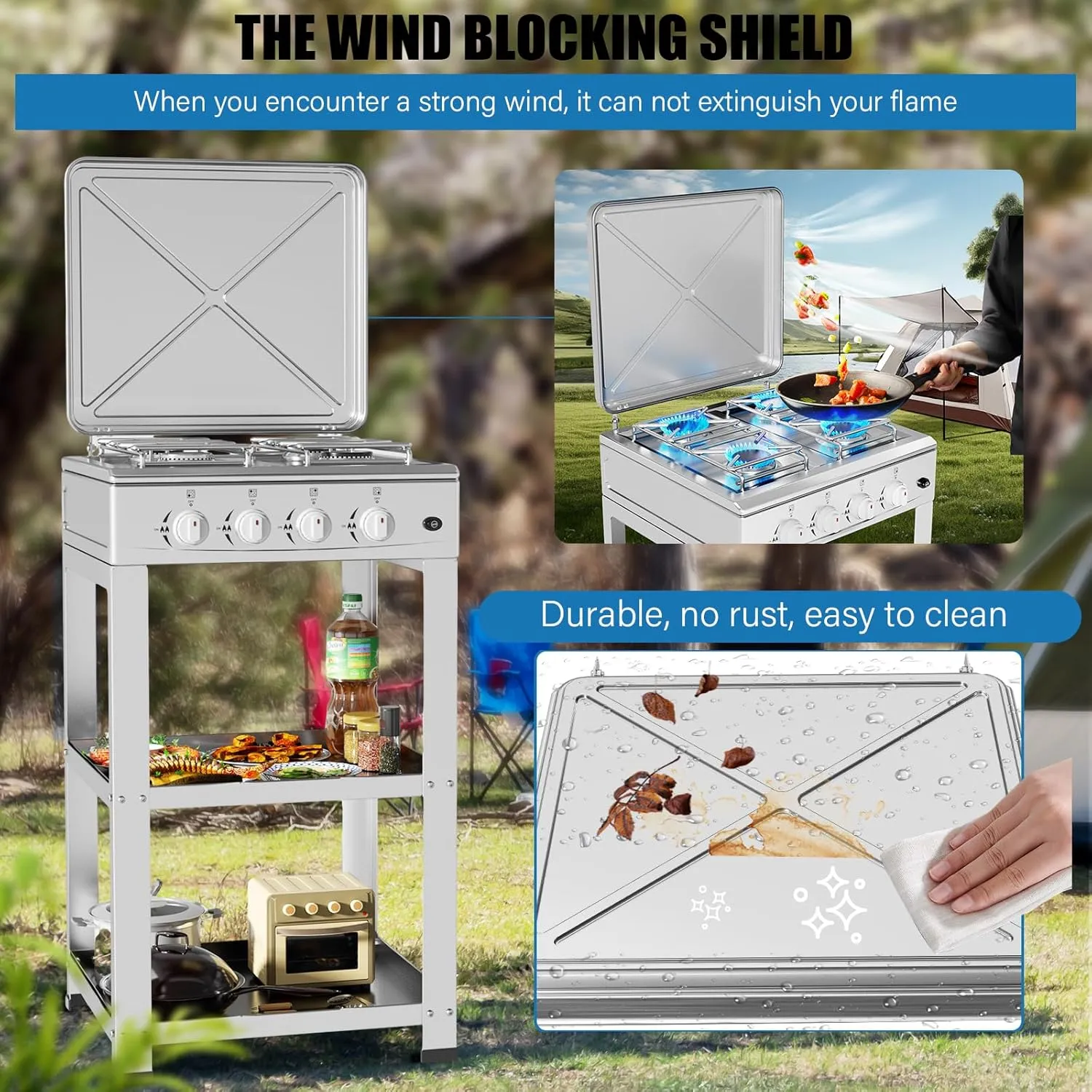 Propane Gas Stove-300000BTU Portable Gas Stove with Support Leg Stand and Wind Blocking Cover Adapter Auto Ignition Camping Stove 4 Burner LPG for RV, Apartment, Outdoor Cooking