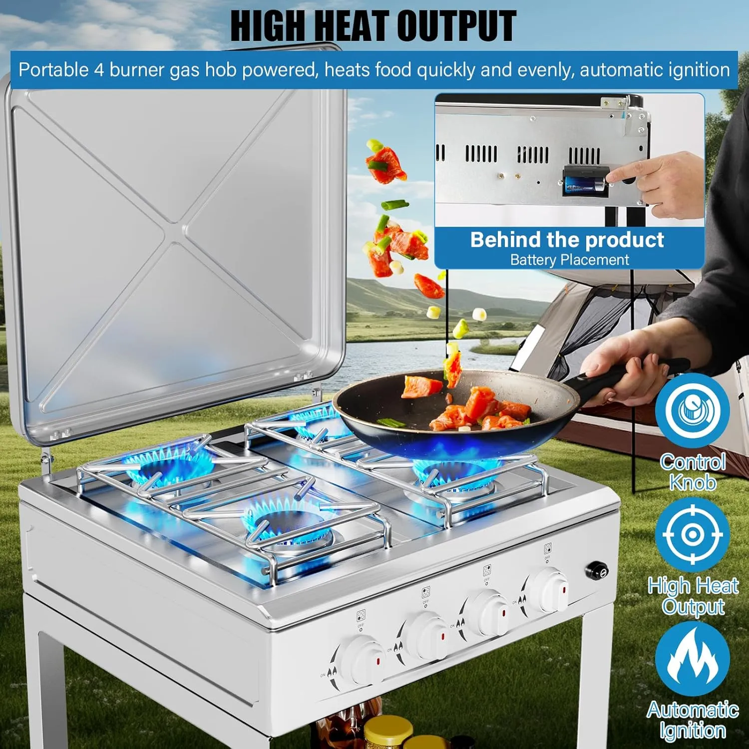 Propane Gas Stove-300000BTU Portable Gas Stove with Support Leg Stand and Wind Blocking Cover Adapter Auto Ignition Camping Stove 4 Burner LPG for RV, Apartment, Outdoor Cooking