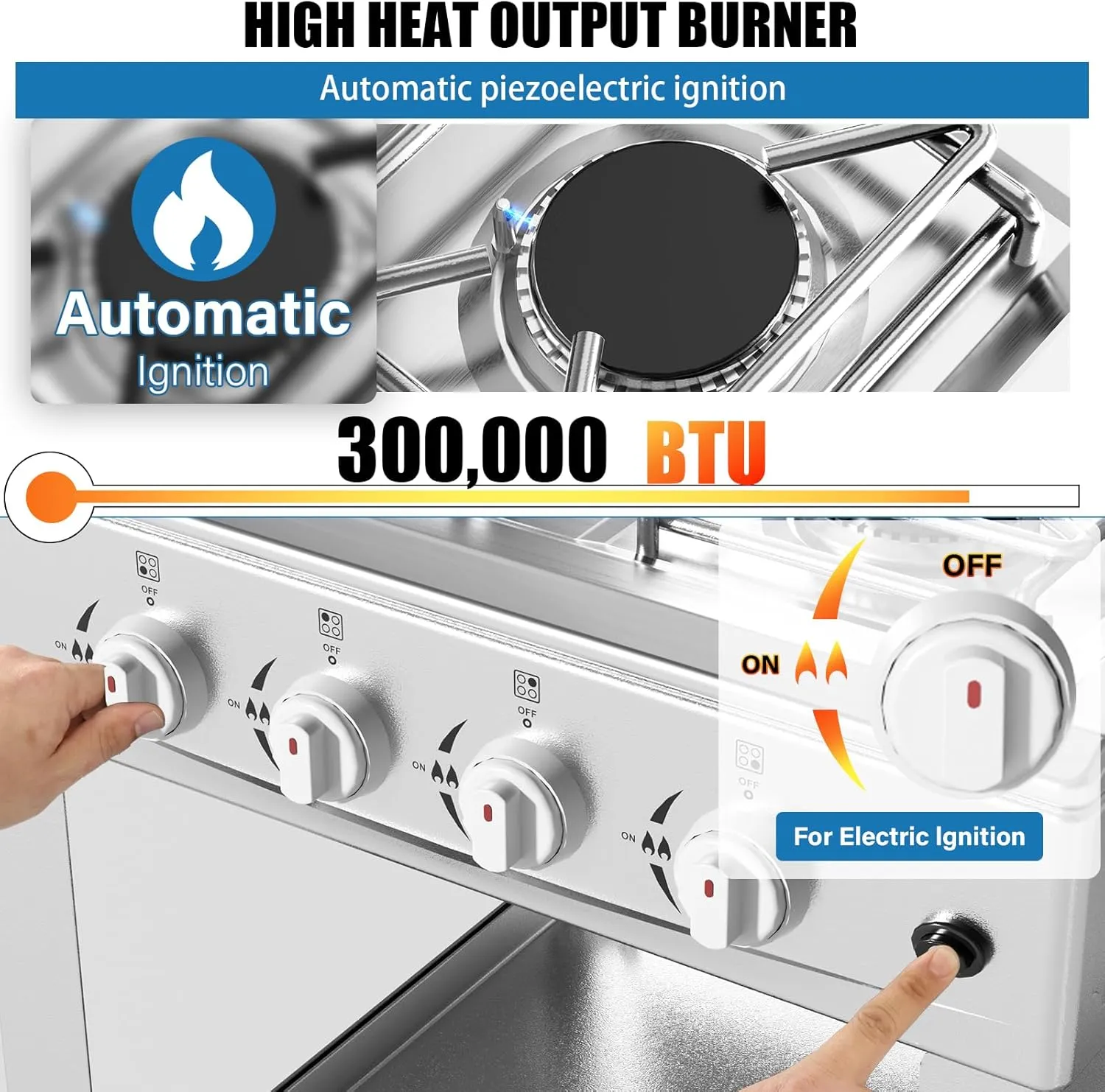 Propane Gas Stove-300000BTU Portable Gas Stove with Support Leg Stand and Wind Blocking Cover Adapter Auto Ignition Camping Stove 4 Burner LPG for RV, Apartment, Outdoor Cooking