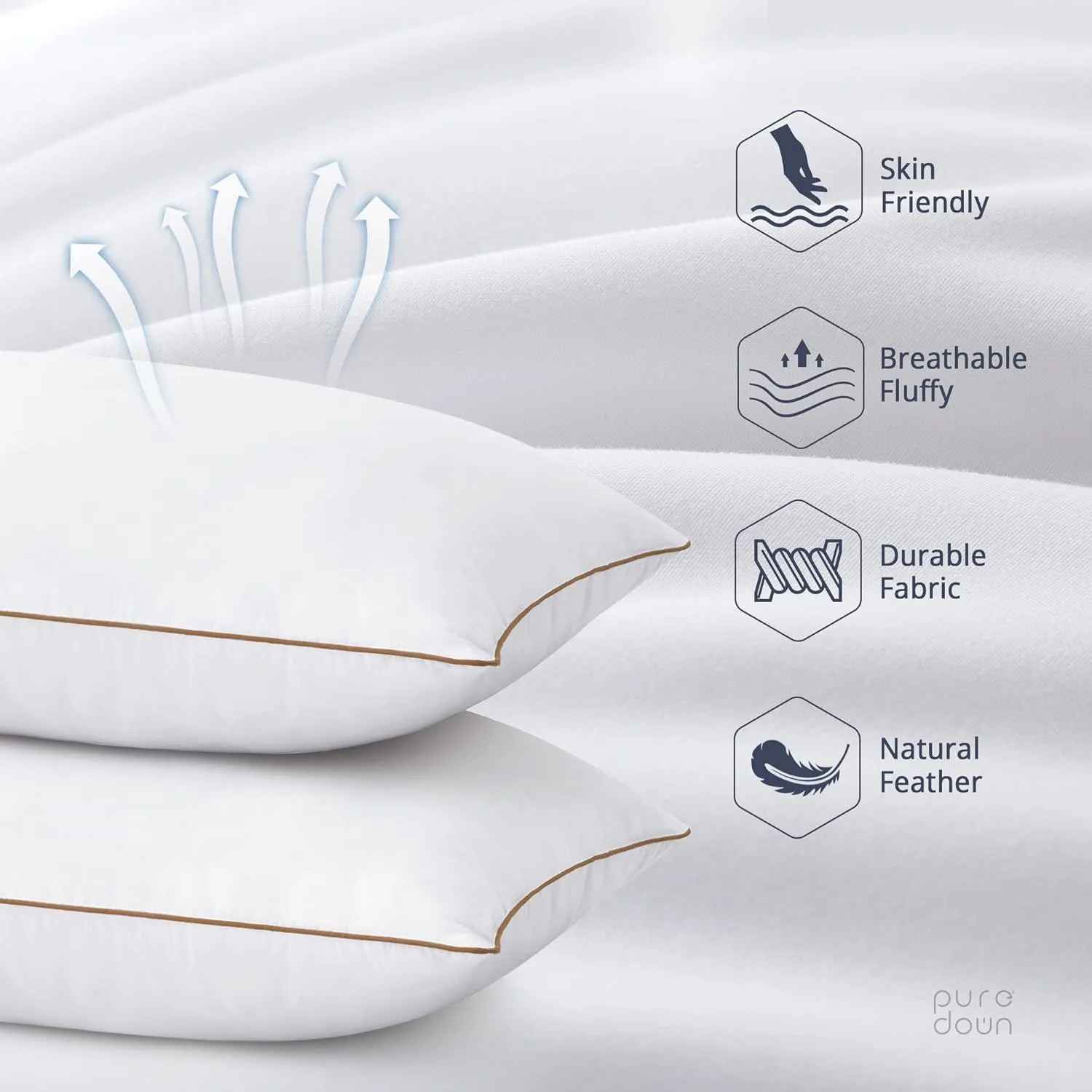 puredown® Goose Feathers and Down Pillows, Premium Medium to Firm Bed Pillows for Sleeping, Luxury Pillows with 100% Cotton Cover, 2 Pack, Standard Size, 20x26 Inches