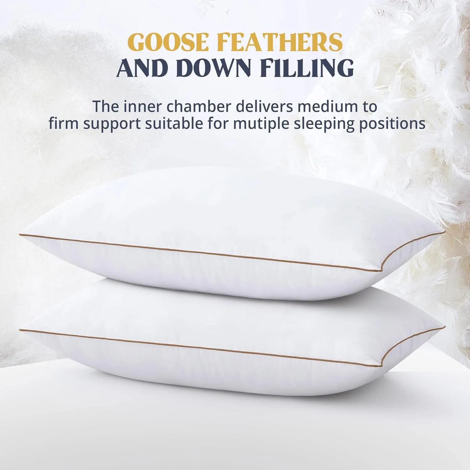 puredown® Goose Feathers and Down Pillows, Premium Medium to Firm Bed Pillows for Sleeping, Luxury Pillows with 100% Cotton Cover, 2 Pack, Standard Size, 20x26 Inches