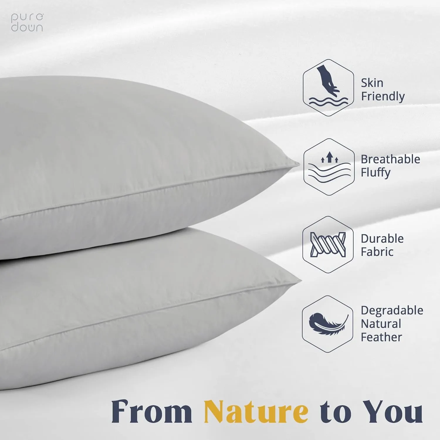 puredown Goose Feathers Down Pillows - Queen Size Bed Sleeping Hotel Collection Pillows Set of 2 with 100% Cotton Cover, Grey
