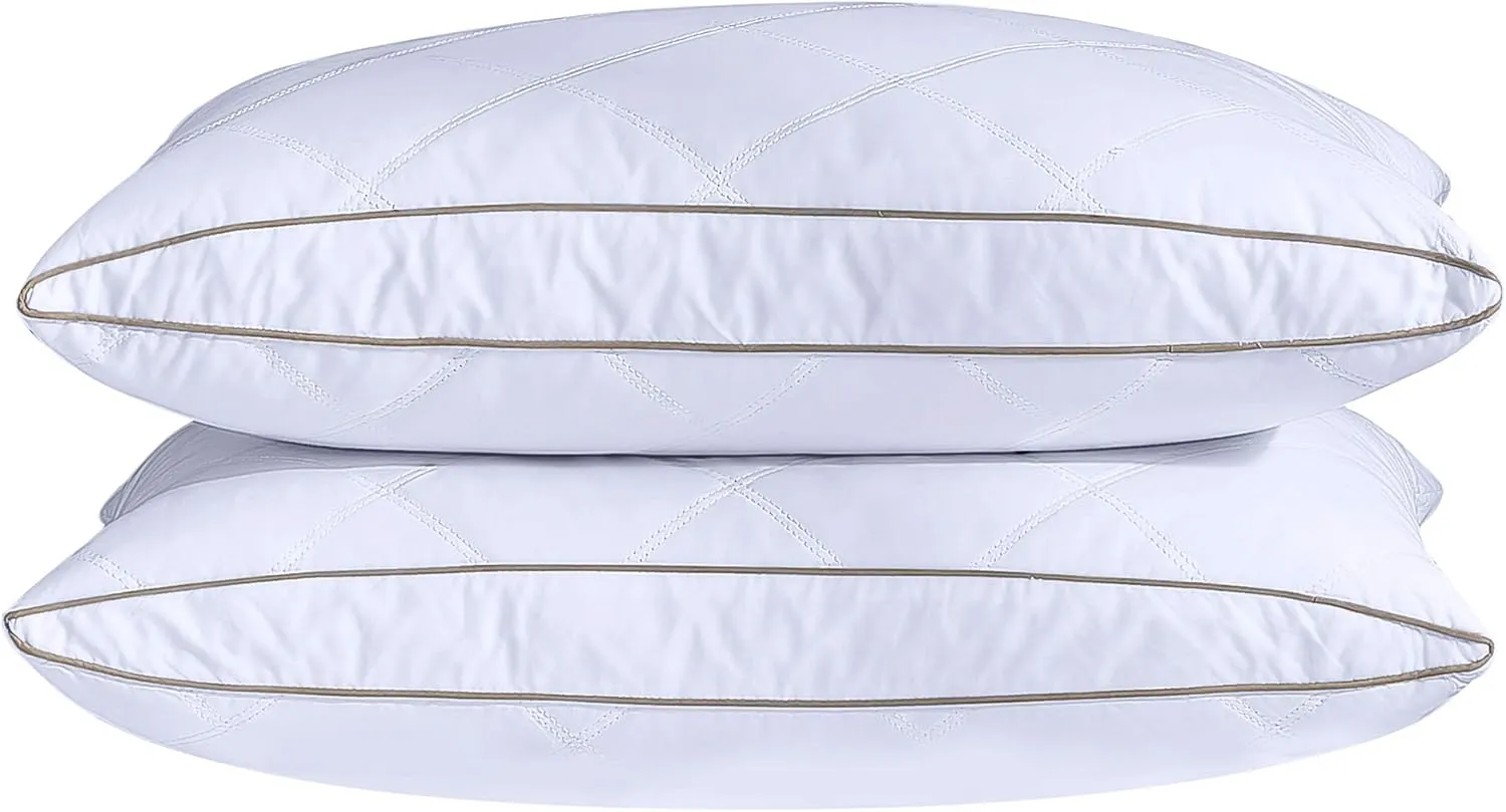 puredown® Natural Goose Down Feather Pillows for Sleeping Oval Gusseted Feather Down Pillow 100% Cotton Pillow Cover with Leaf Quilting Standard/Queen Set of 2
