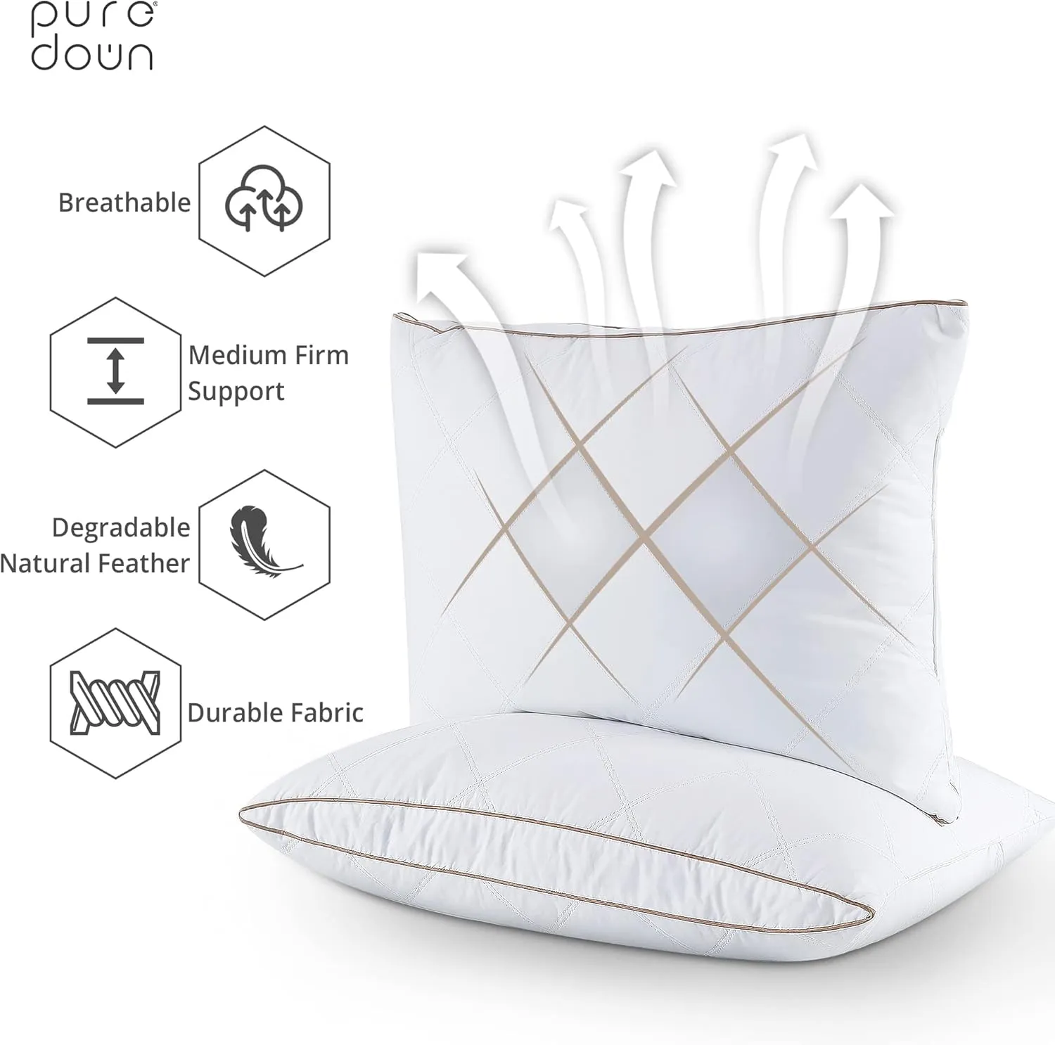 puredown® Natural Goose Down Feather Pillows for Sleeping Oval Gusseted Feather Down Pillow 100% Cotton Pillow Cover with Leaf Quilting Standard/Queen Set of 2