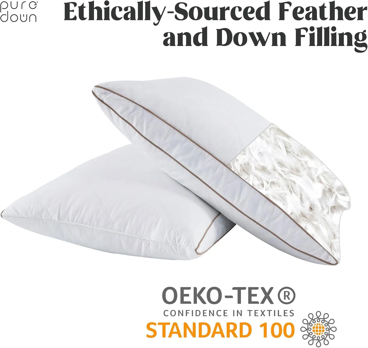 puredown® Natural Goose Down Feather Pillows for Sleeping Oval Gusseted Feather Down Pillow 100% Cotton Pillow Cover with Leaf Quilting Standard/Queen Set of 2