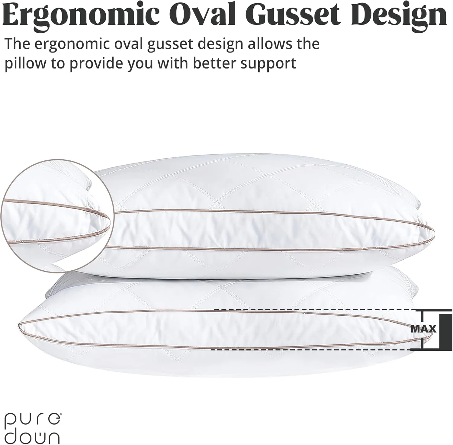 puredown® Natural Goose Down Feather Pillows for Sleeping Oval Gusseted Feather Down Pillow 100% Cotton Pillow Cover with Leaf Quilting Standard/Queen Set of 2